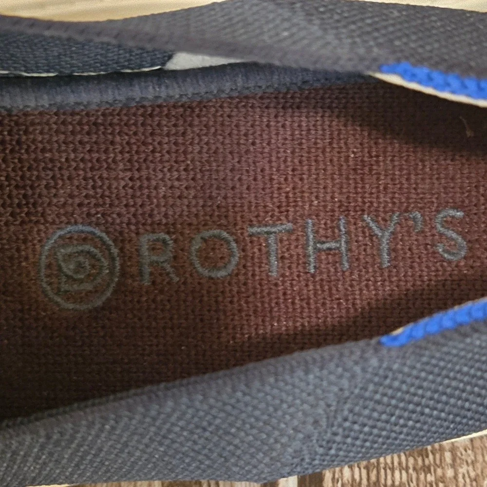 Sz 8.5 Womens Rothys The Sneaker Navy Black‎ Stripe Slip On Flats Shoes VGUC!